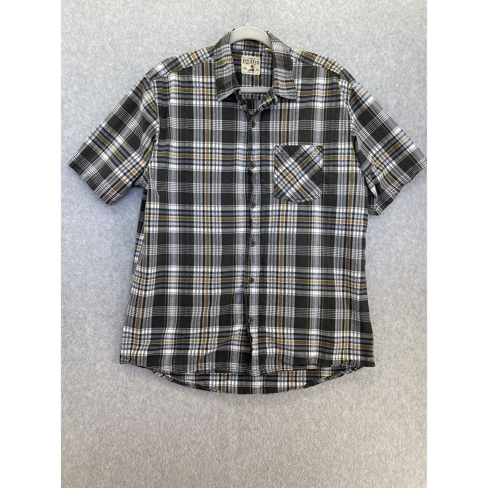 Red Head Co Men's Button Down Shirt Short Sleeve Brown Plaid Western Size Large